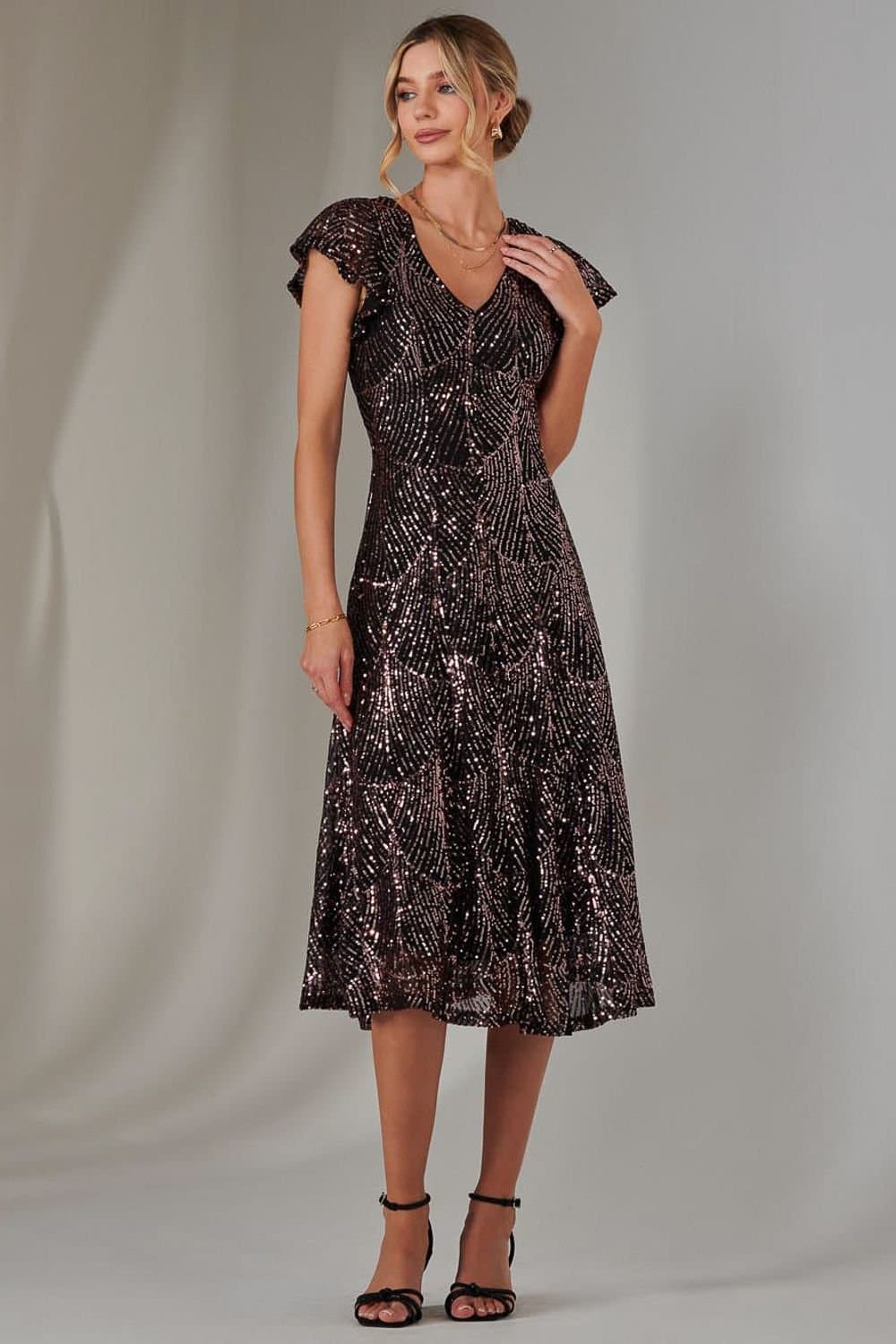 Jolie Moi Jolie Moi Women's Sequin V Neck FIt & Flare Midaxi Dress in Metallics