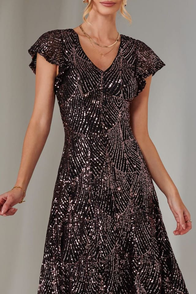 Jolie Moi Jolie Moi Women's Sequin V Neck FIt & Flare Midaxi Dress in Metallics - 3