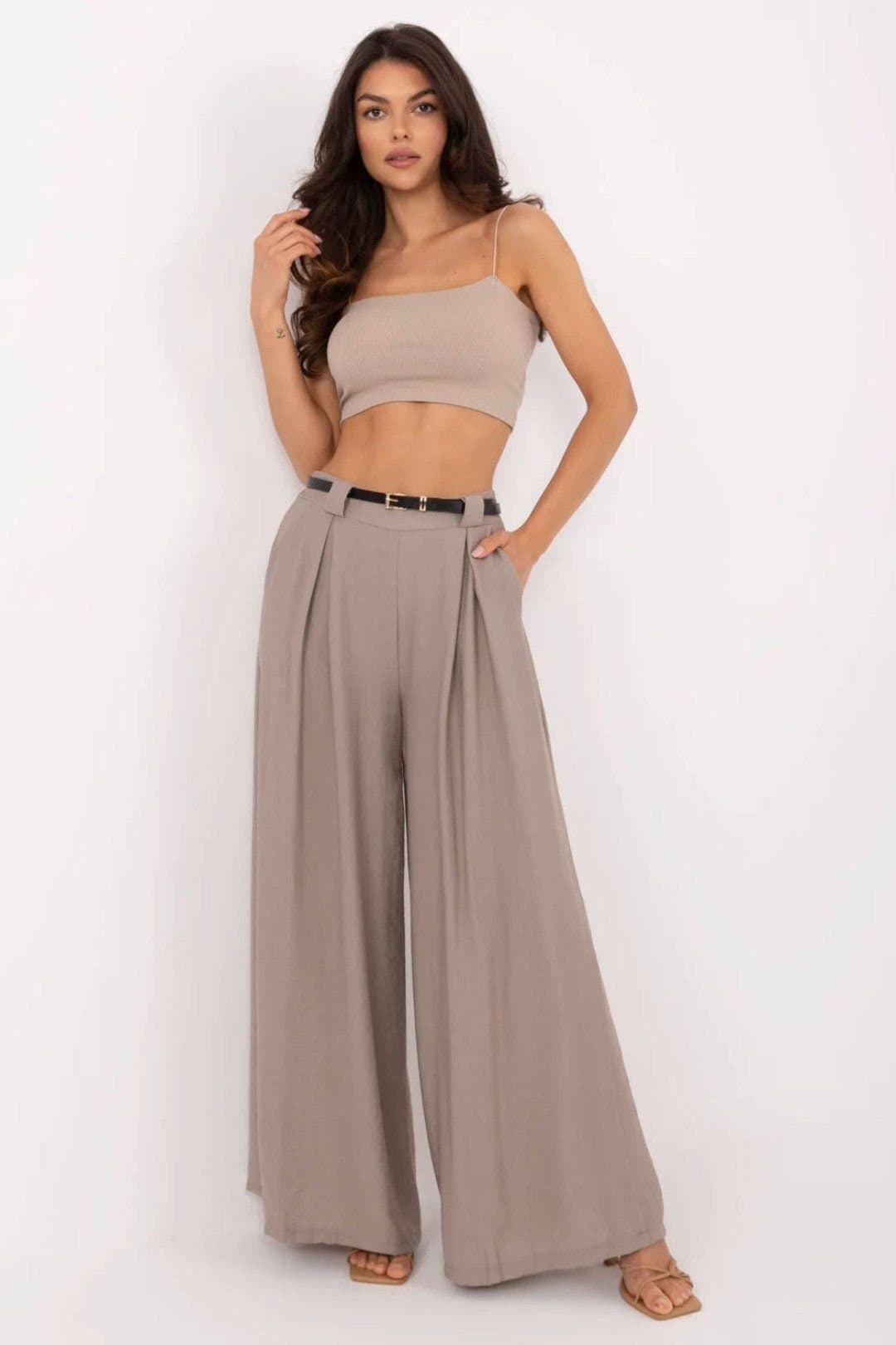 Love Lace Love Lace Women's Palazzo Trousers with Belt in Taupe