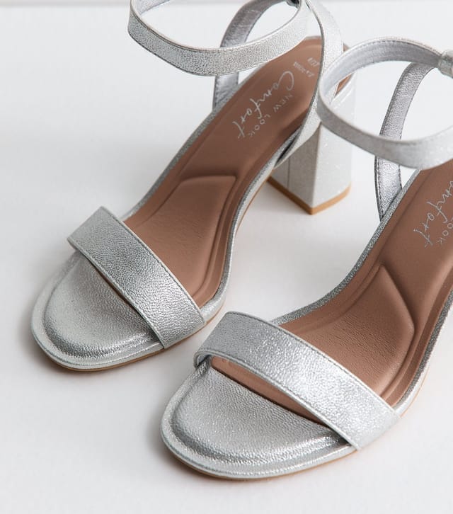 New Look Women's Wide Fit Silver Single Strap Block Heel Sandals Vegan New Look - 3