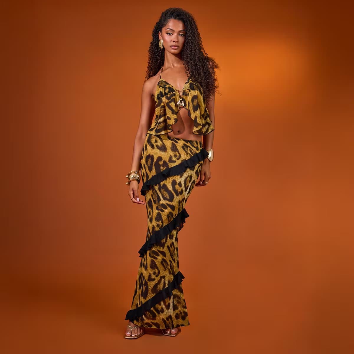 EGO Mid Rise Asymmetric Ruffle Maxi Skirt In Brown Leopard Print, Women's Size UK 6