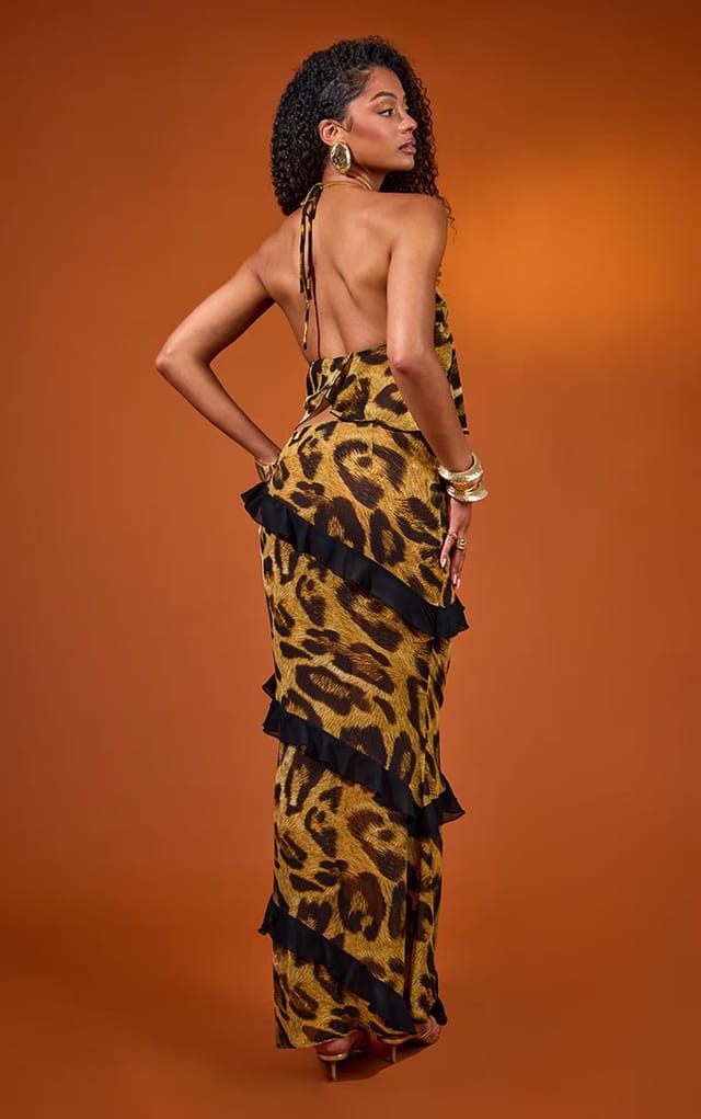 EGO Mid Rise Asymmetric Ruffle Maxi Skirt In Brown Leopard Print, Women's Size UK 6 - 2