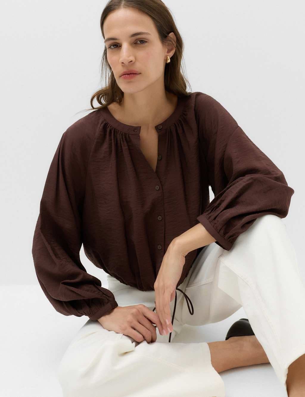 Marks & Spencer M&S Drawstring Button Through Blouse Dark Chocolate