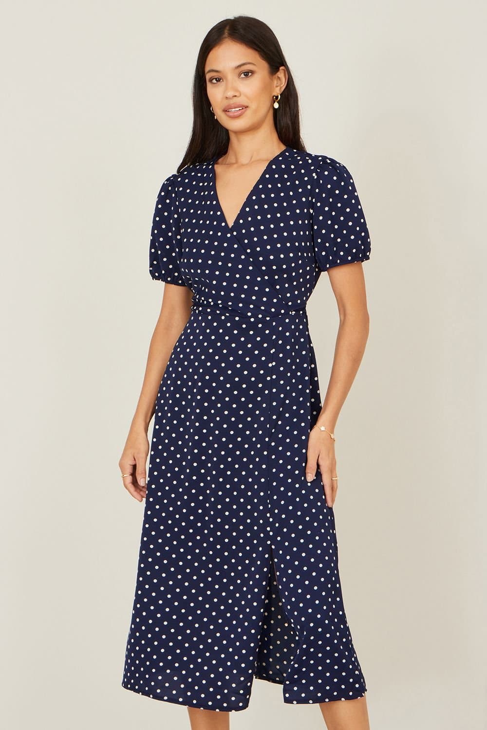 Yumi Yumi Women's Navy Spot Wrap Midi Tea Dress