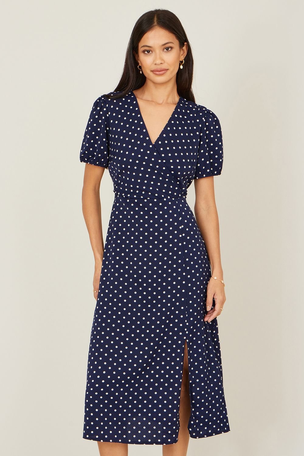 Yumi Yumi Women's Navy Spot Wrap Midi Tea Dress - 2