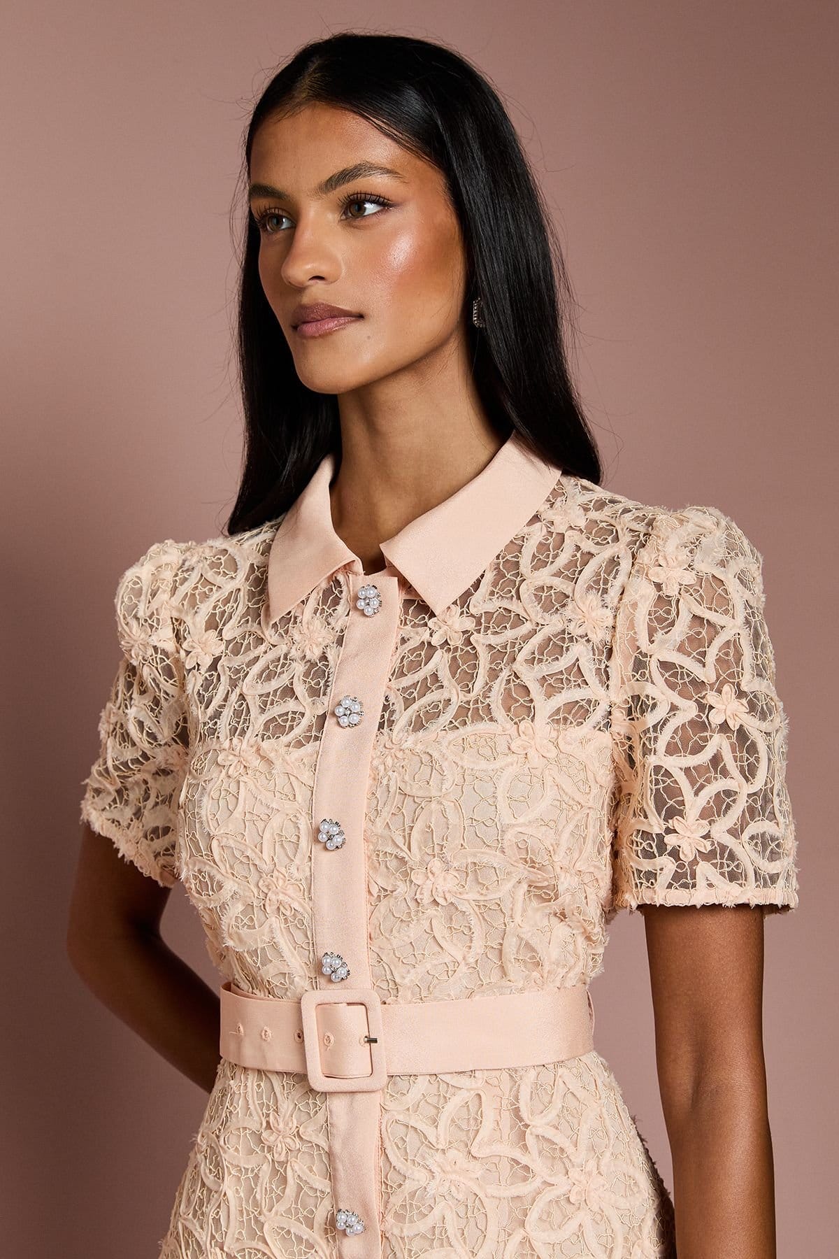 Coast Coast Women's Petite Floral Lace Collared Midi Dress in Nude - 4