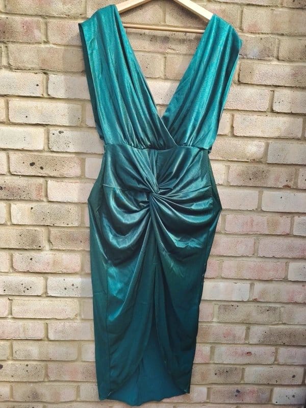 Goddiva Goddiva Emerald Satin Knot Midi Dress UK 10 – Wedding Guest / Occasion / Luxury Look - 1