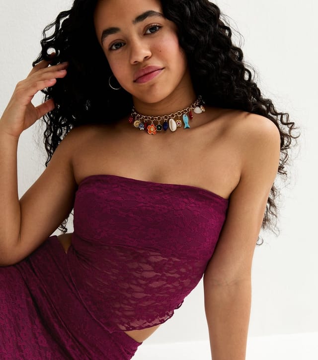 New Look Girls' Dark Pink Lace Hanky Hem Bandeau Top New Look - 3