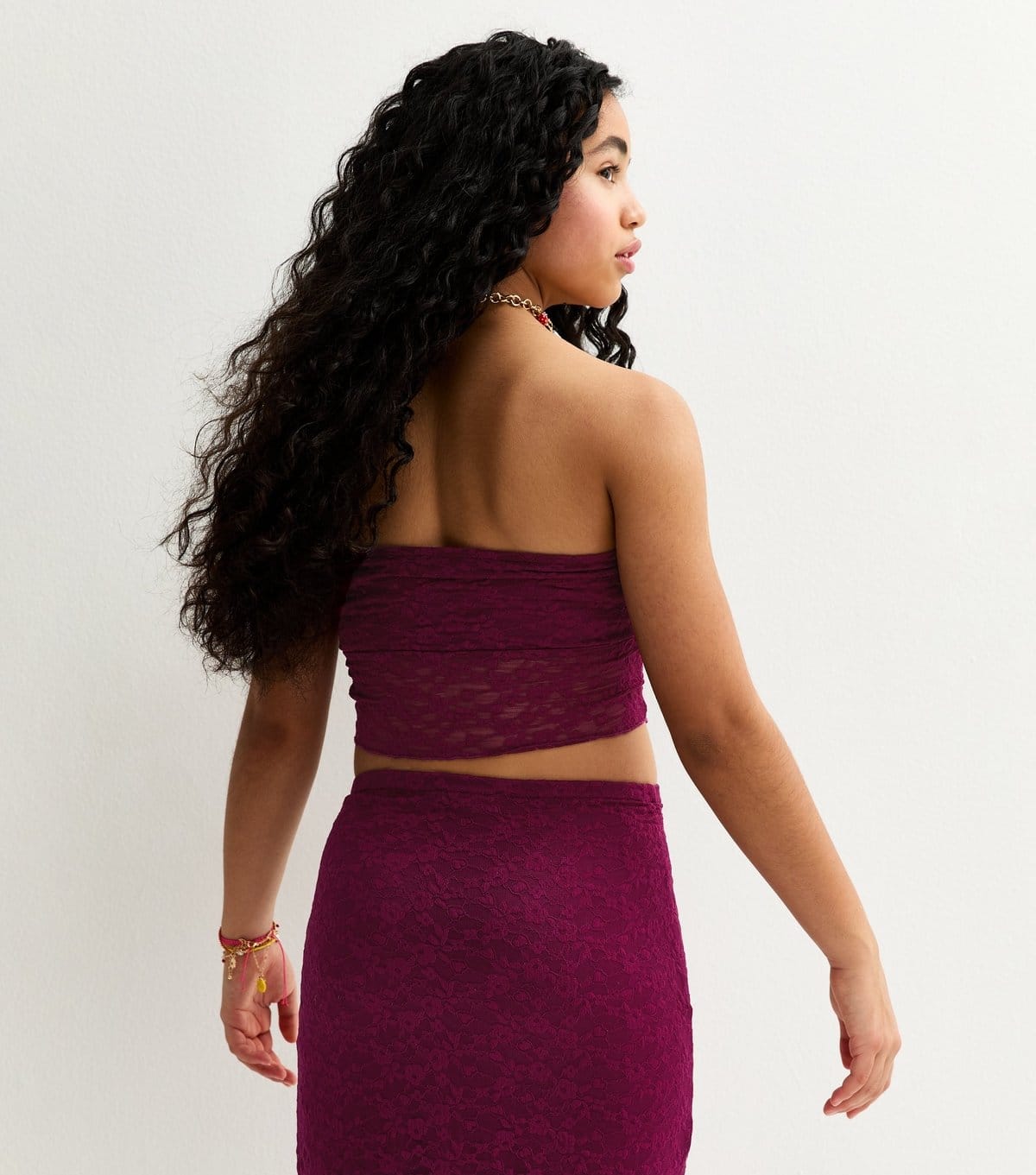 New Look Girls' Dark Pink Lace Hanky Hem Bandeau Top New Look - 4