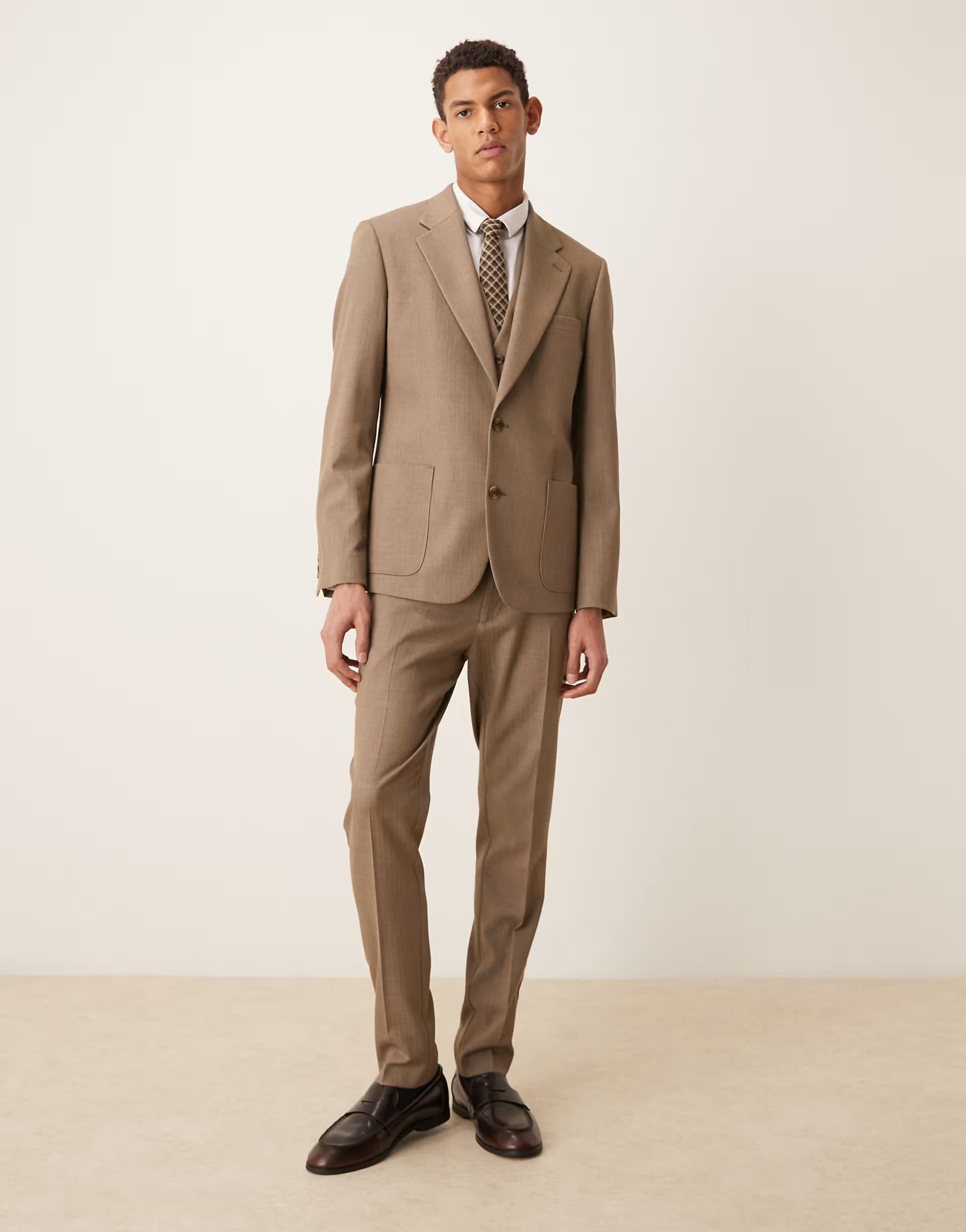 ASOS ASOS DESIGN skinny suit trousers in beige wool look herringbone
