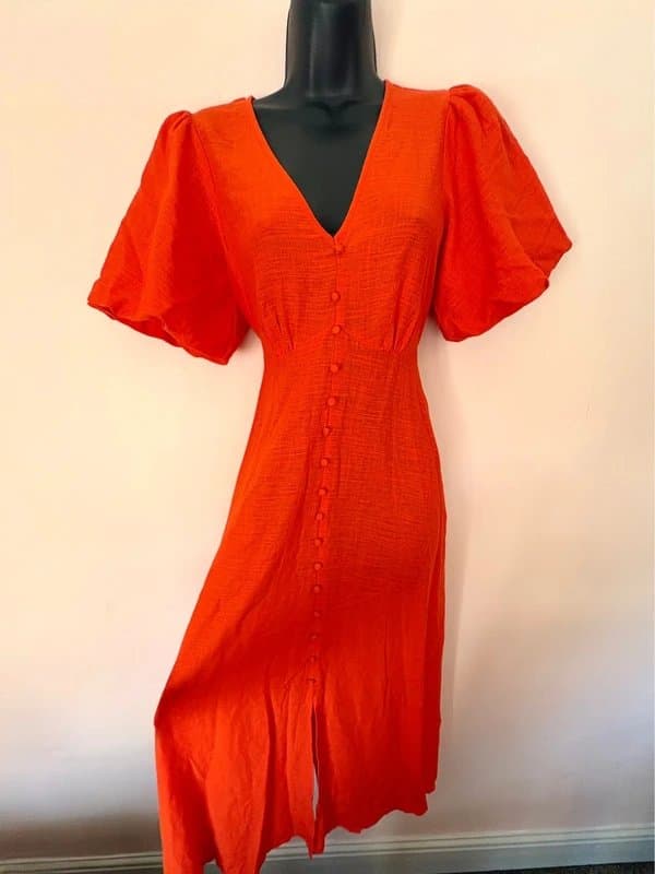 New Look New Look Red Orange Puff Sleeve Gathered Tie Back Button Detail Midi Dress 10