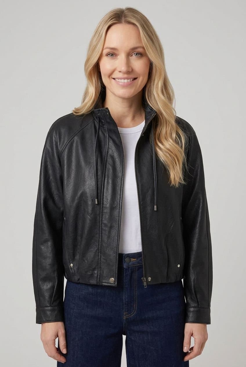 Izabel London Izabel London Women's Faux Leather High Neck Boxy Jacket in Black
