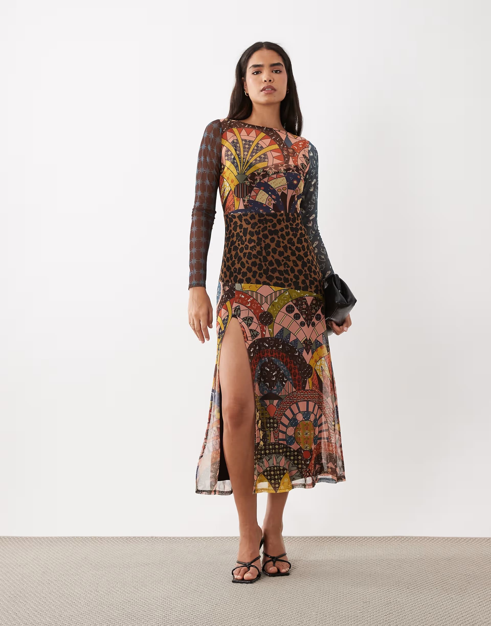 ASOS Never Fully Dressed mesh long sleeve high split midi dress in abstract print