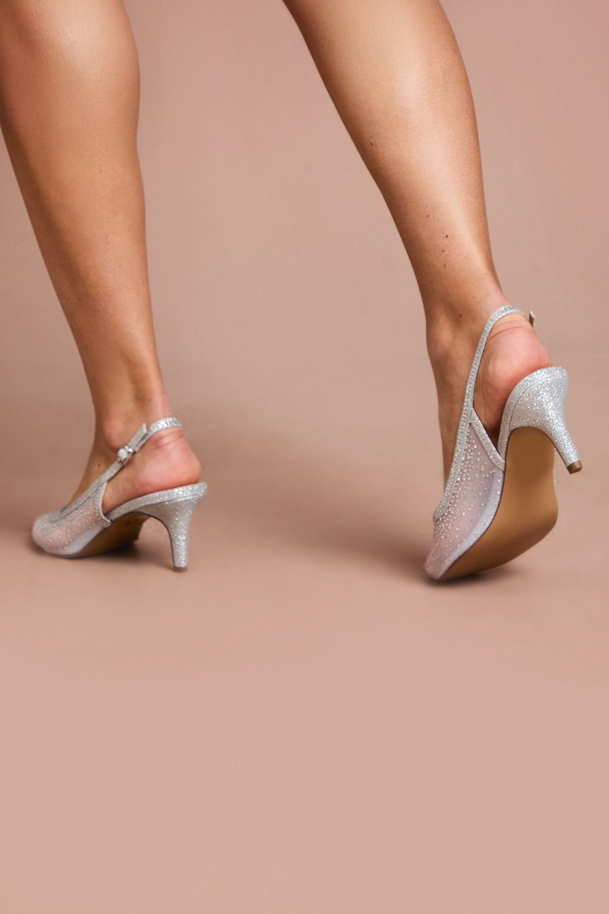 Coast Coast Women's Sara Mesh Diamante Kitten Heel Slingback Court Shoes in Silver - 3