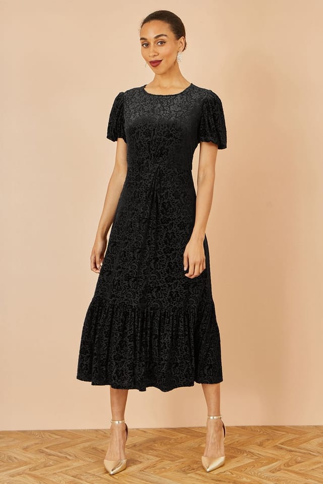 Yumi Yumi Women's Black Floral Velour Velvet Twist Waist Midi Dress - 2
