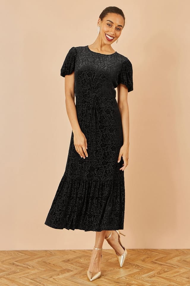 Yumi Yumi Women's Black Floral Velour Velvet Twist Waist Midi Dress - 3