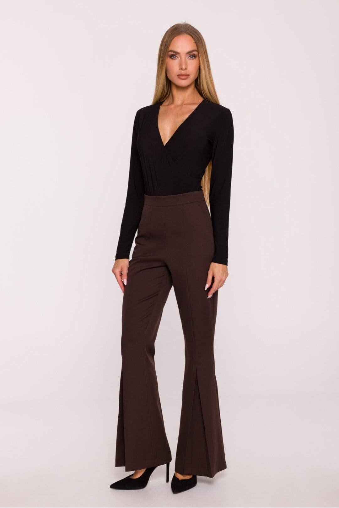 Love Lace Love Lace Women's Matte Suit Flared Pleated High Waist Trousers in Brown - 1