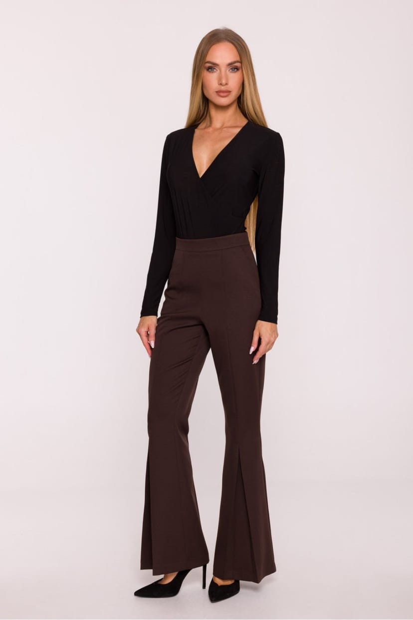 Love Lace Love Lace Women's Matte Suit Flared Pleated High Waist Trousers in Brown - 1