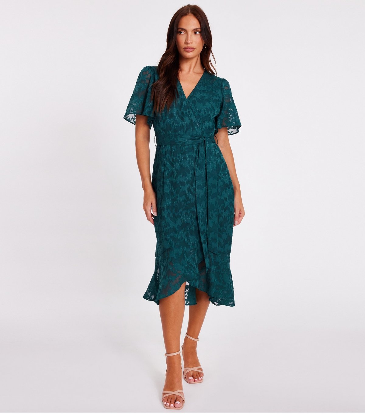 Quiz Women's Green Patterned Jacquard Frill Midi Dress Quiz New Look - 2