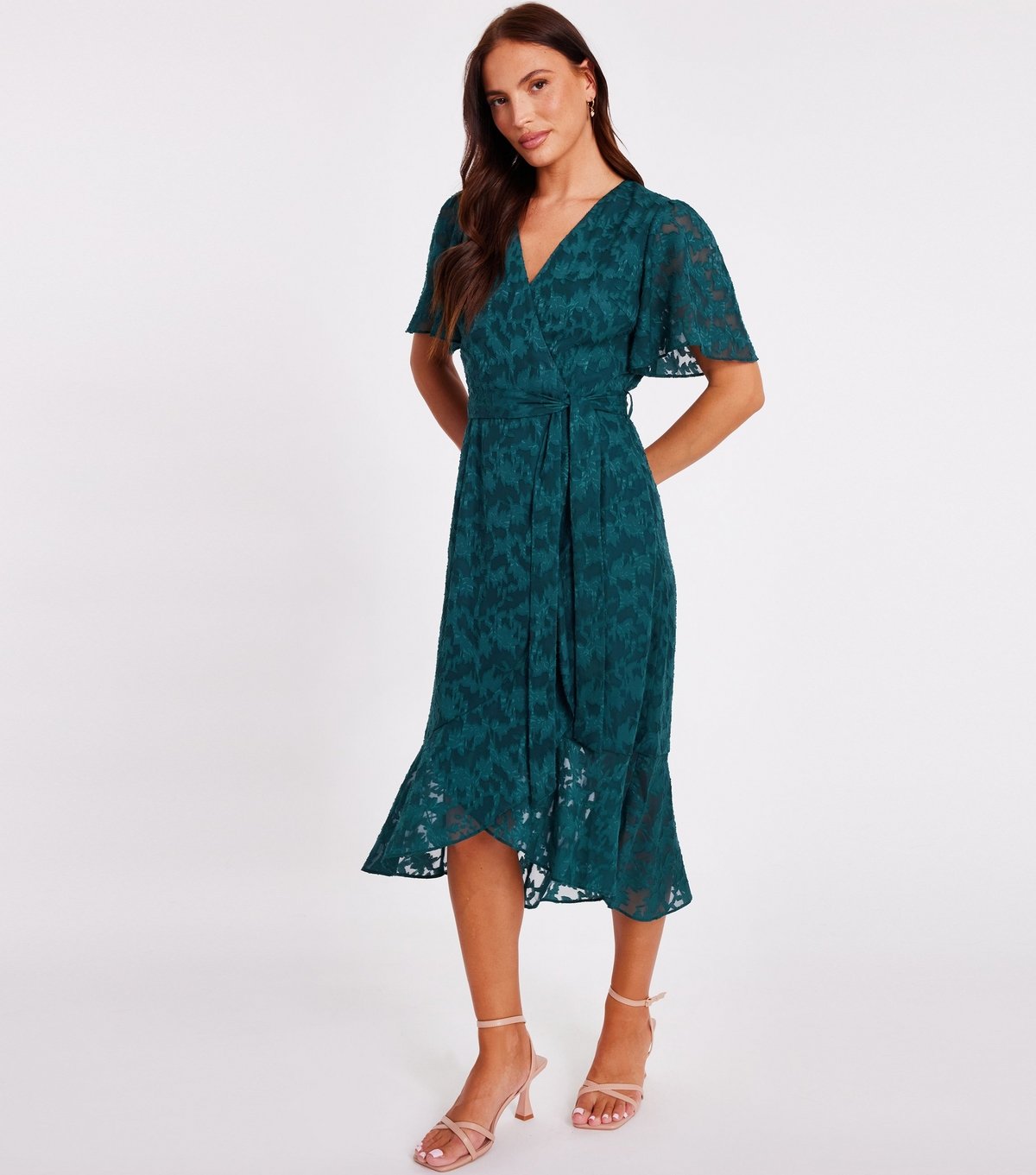 Quiz Women's Green Patterned Jacquard Frill Midi Dress Quiz New Look - 3