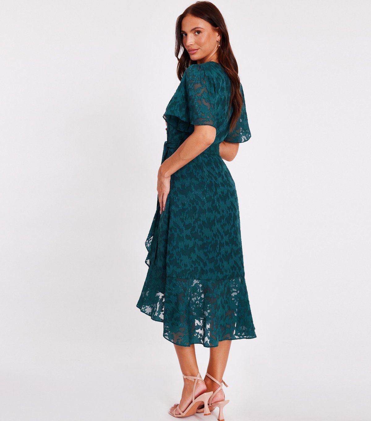 Quiz Women's Green Patterned Jacquard Frill Midi Dress Quiz New Look - 4