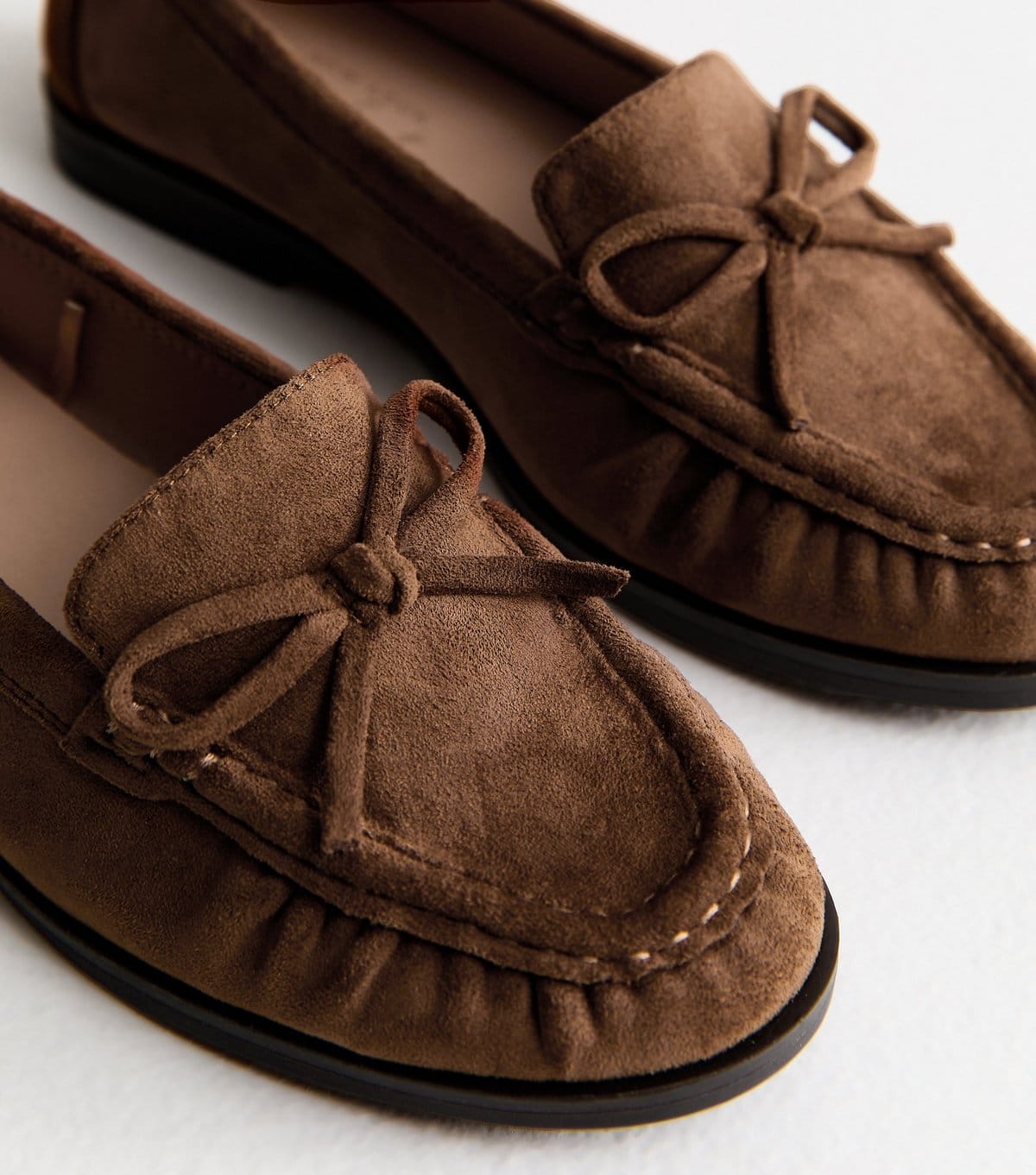 New Look Women's Tan Faux Suede Bow Flat Loafers Vegan New Look - 4