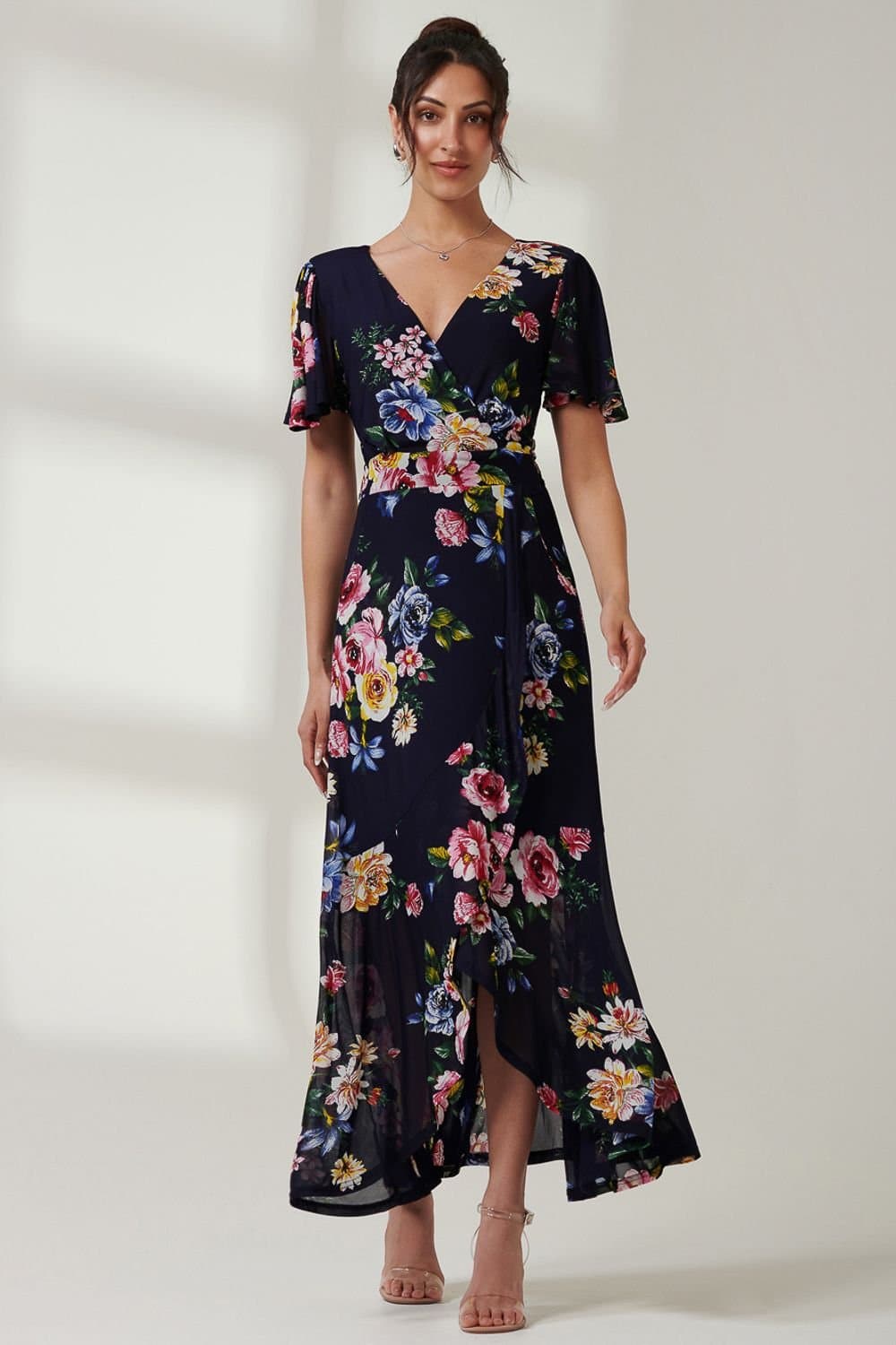 Jolie Moi Jolie Moi Women's Frill Dip Hem Mesh Maxi Dress in Navy
