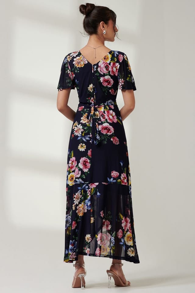 Jolie Moi Jolie Moi Women's Frill Dip Hem Mesh Maxi Dress in Navy - 2