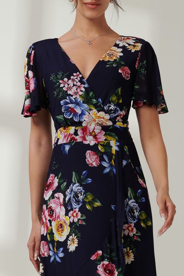 Jolie Moi Jolie Moi Women's Frill Dip Hem Mesh Maxi Dress in Navy - 3
