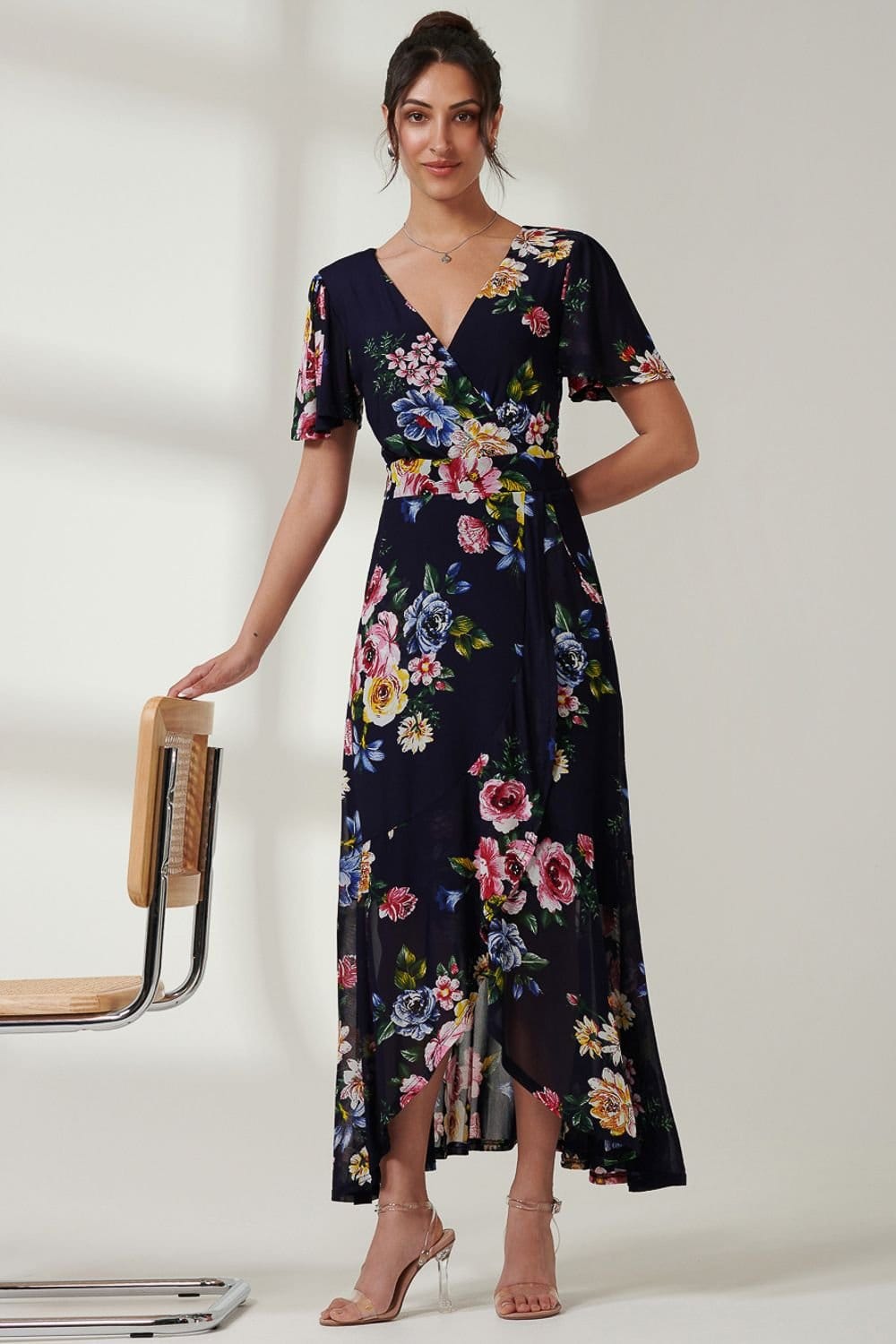 Jolie Moi Jolie Moi Women's Frill Dip Hem Mesh Maxi Dress in Navy - 4