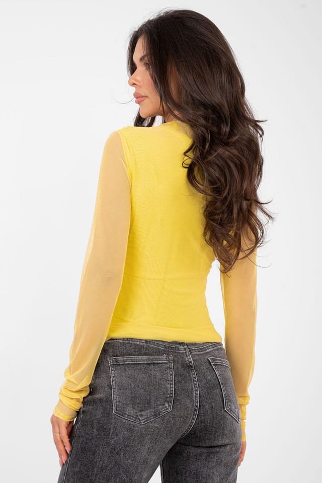 Love Lace Love Lace Women's Elegant Draped Fitted Blouse with Mesh Sleeves in Yellow - 3