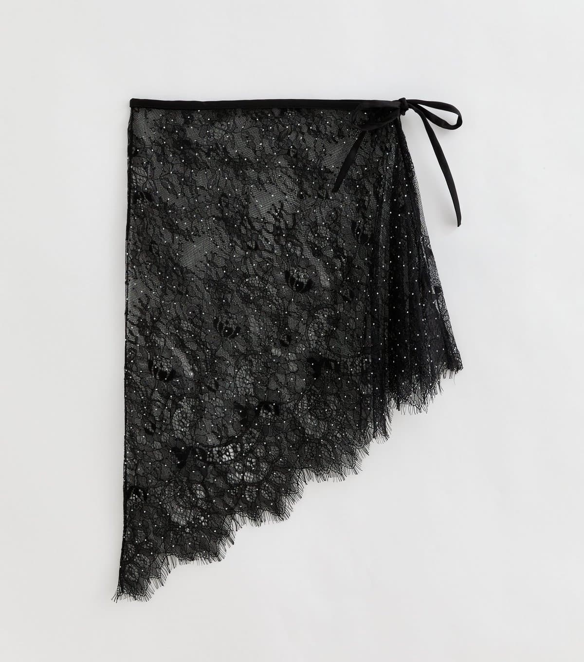 New Look Black Scalloped Lace Diamante Asymmetric Scarf New Look