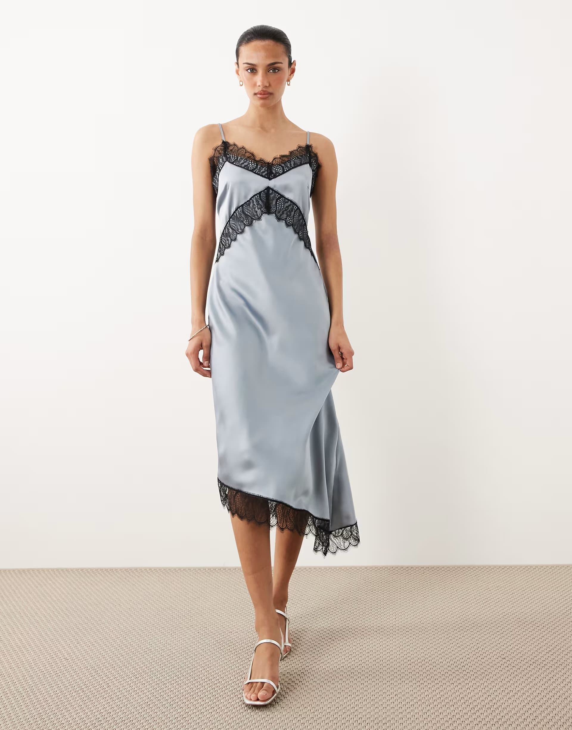 ASOS New Look asymmetric contrast lace trim midi dress in blue