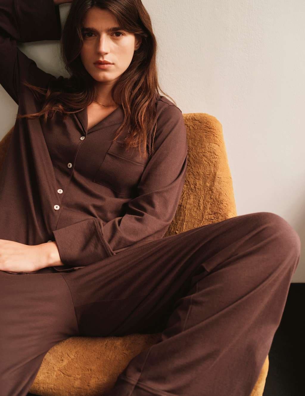 Marks & Spencer M&S Cotton Modal Revere Pyjama Set Dark Brown