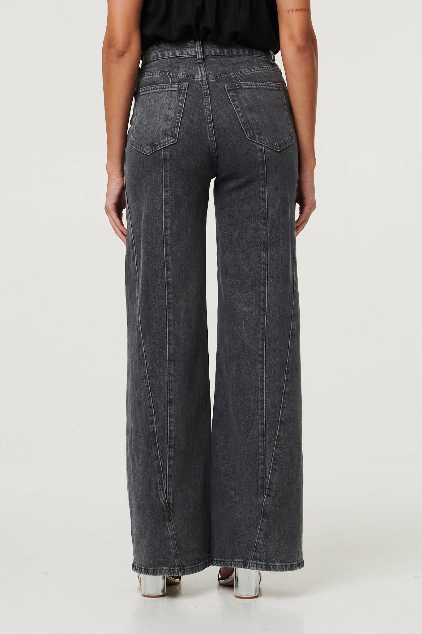 Izabel London Izabel London Women's High Waist Seam Front Wide Leg Jeans in Dark Grey - 2