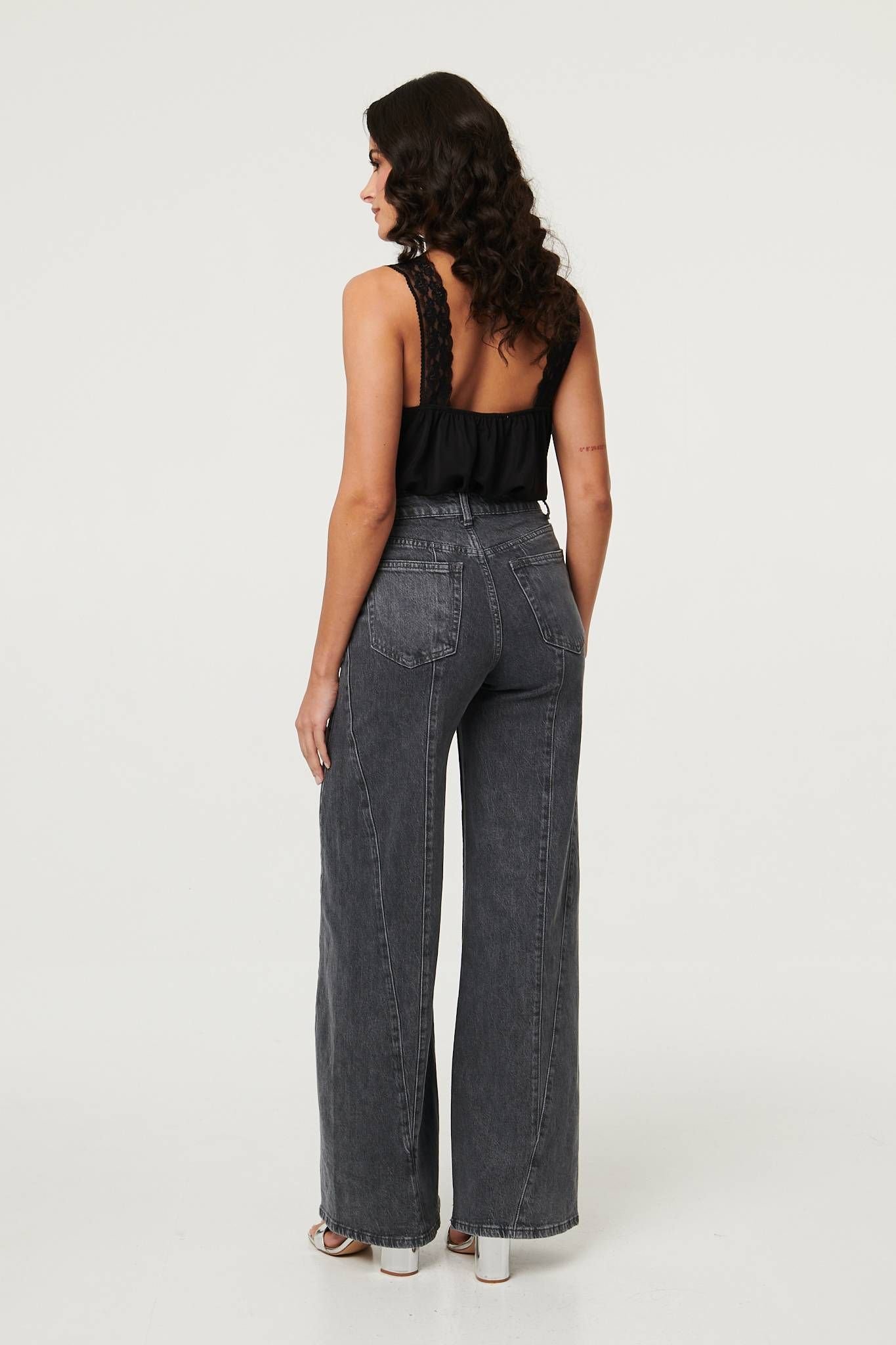 Izabel London Izabel London Women's High Waist Seam Front Wide Leg Jeans in Dark Grey - 3