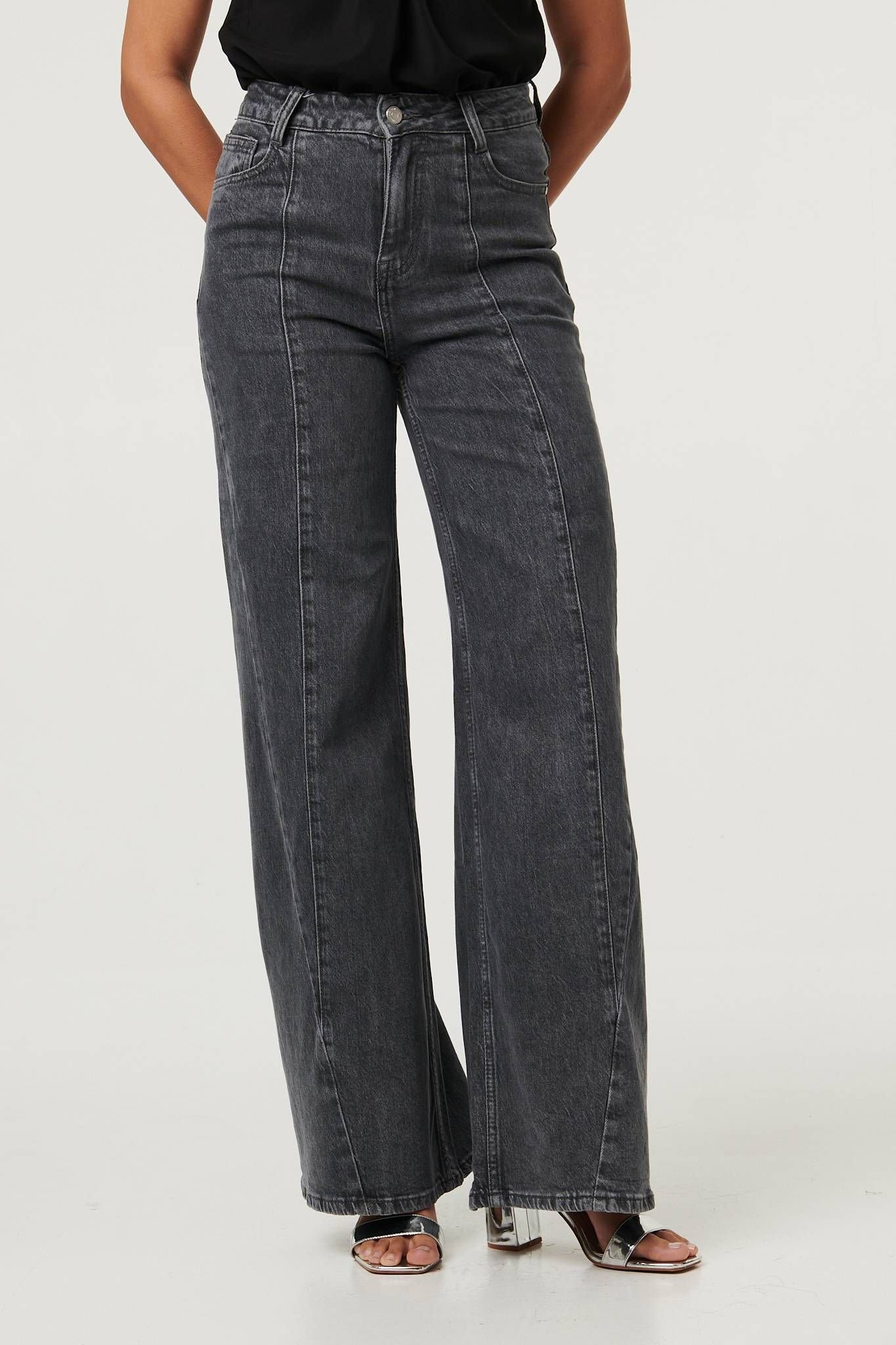 Izabel London Izabel London Women's High Waist Seam Front Wide Leg Jeans in Dark Grey - 4