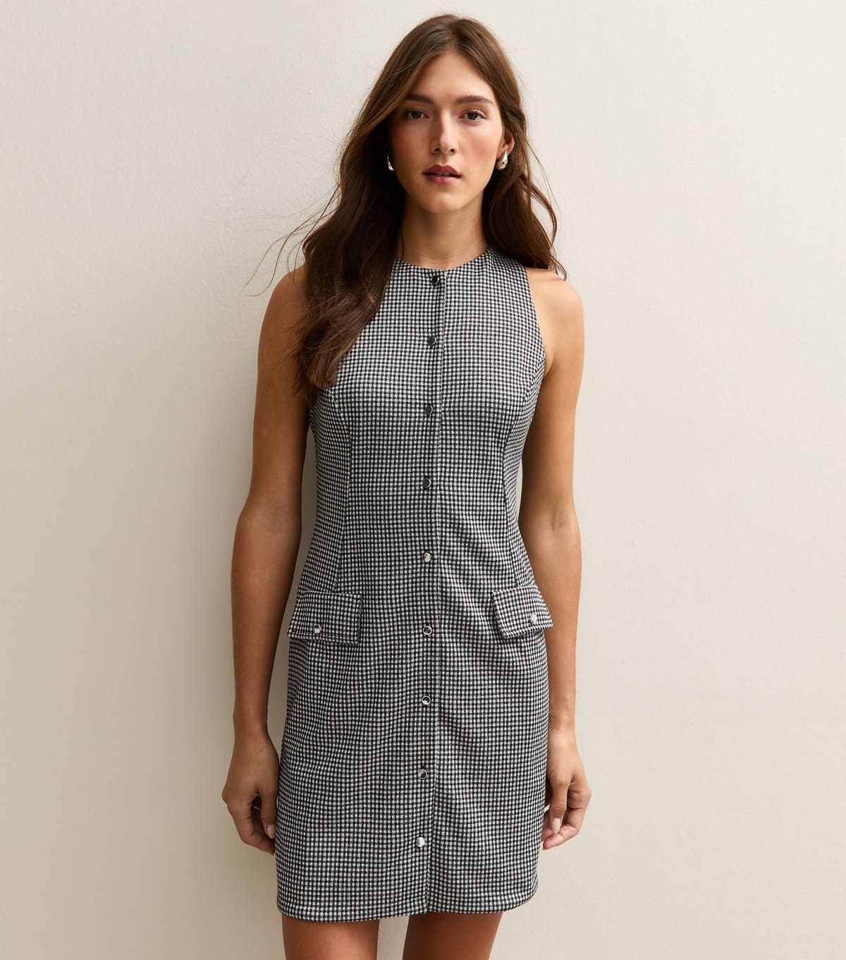 New Look Women's Black Checked Button Up Mini Pinafore Dress New Look