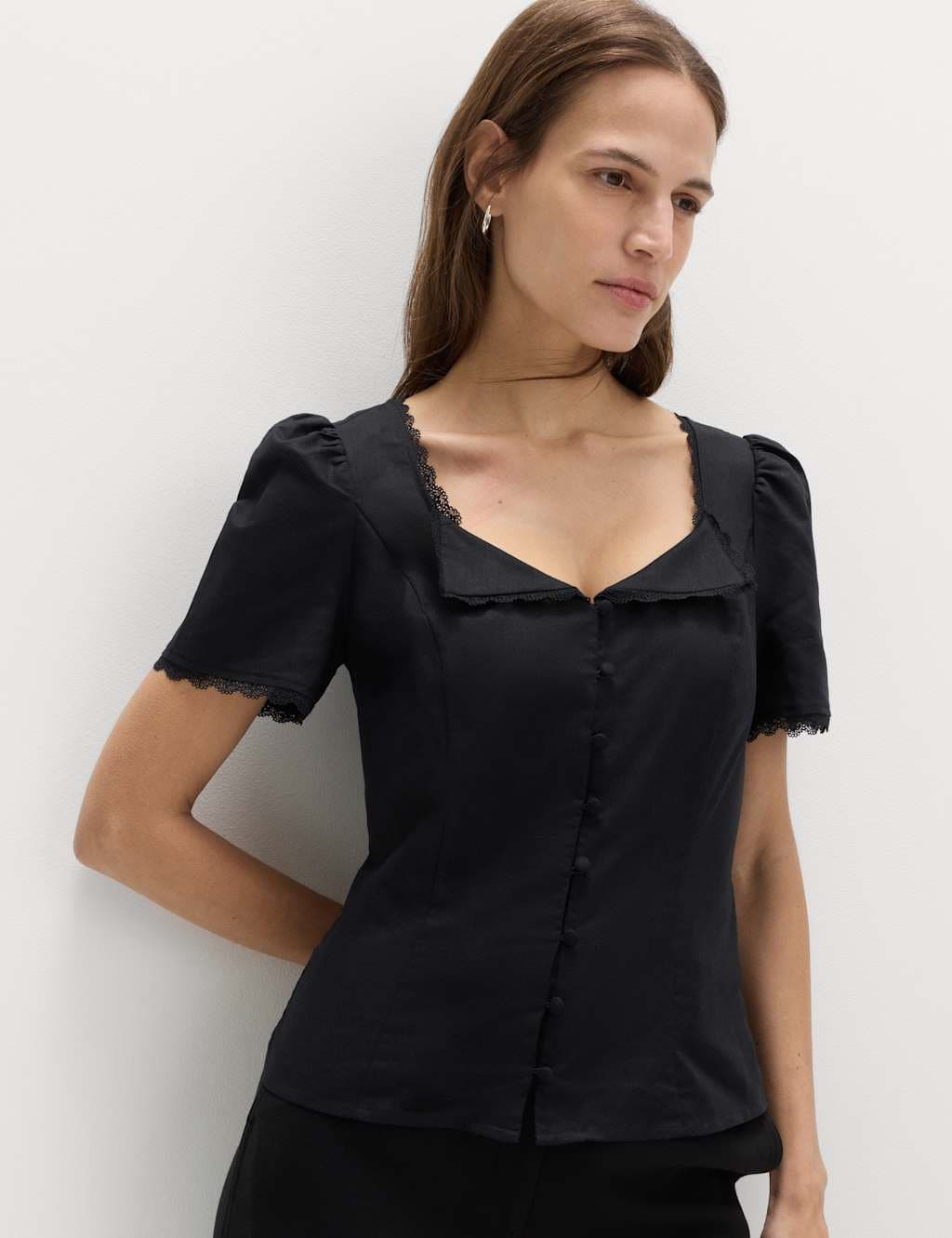 Marks & Spencer M&S Black Cotton Blend Lace Detail Waisted Top