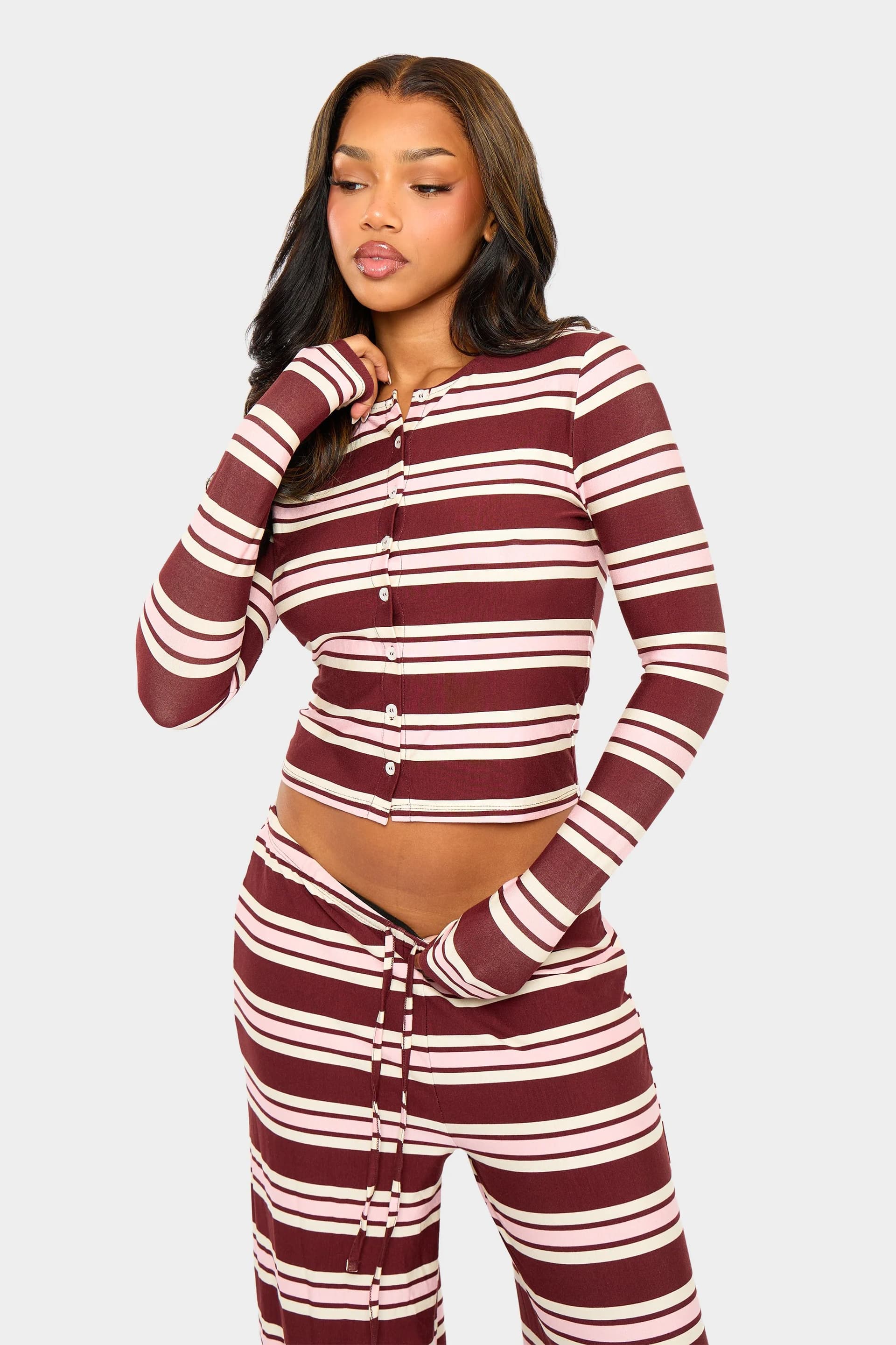 Kaiia Kaiia Striped Button Up Long Sleeve Crop Top Burgundy & Pink