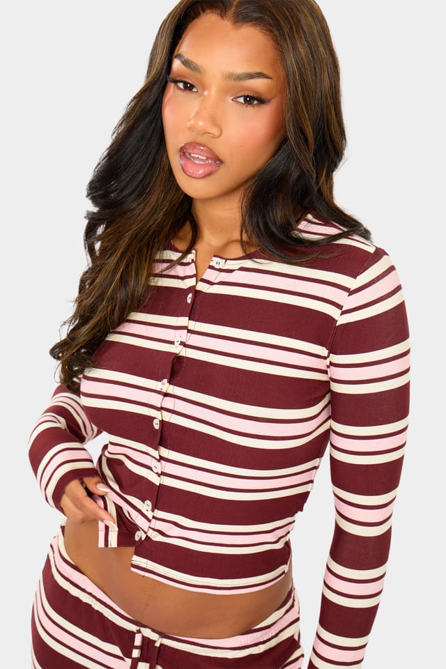 Kaiia Kaiia Striped Button Up Long Sleeve Crop Top Burgundy & Pink - 2
