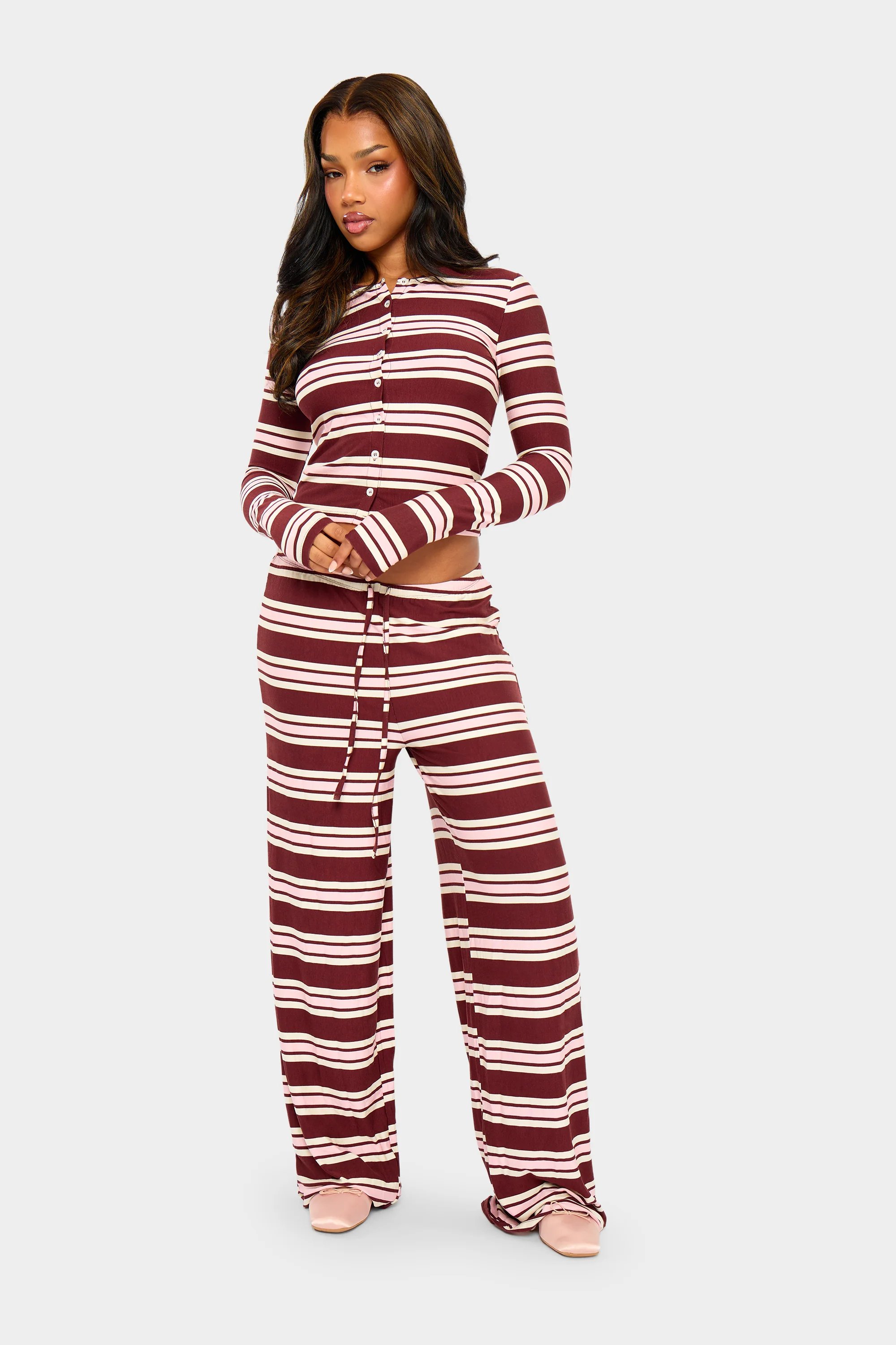 Kaiia Kaiia Striped Button Up Long Sleeve Crop Top Burgundy & Pink - 3