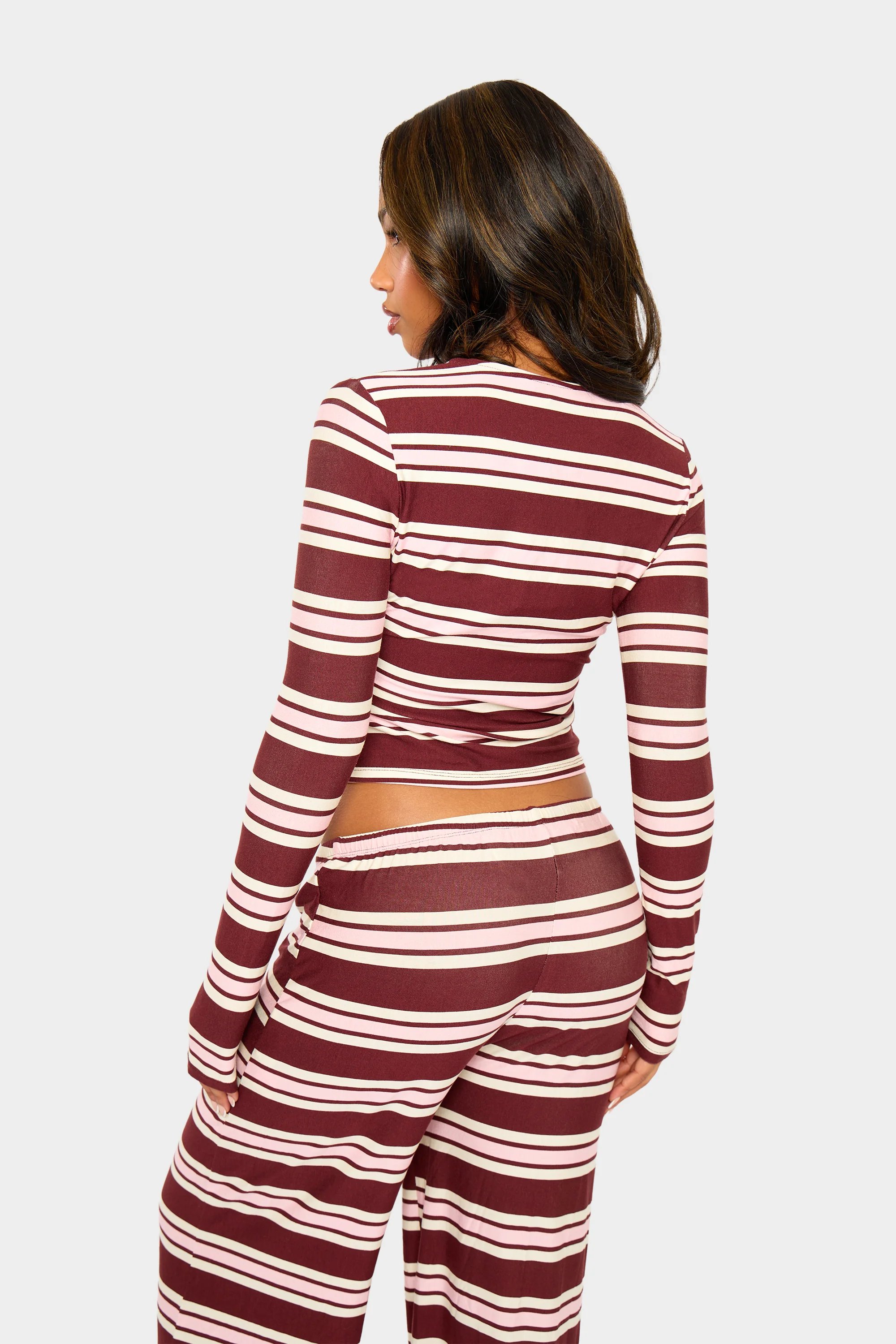 Kaiia Kaiia Striped Button Up Long Sleeve Crop Top Burgundy & Pink - 4