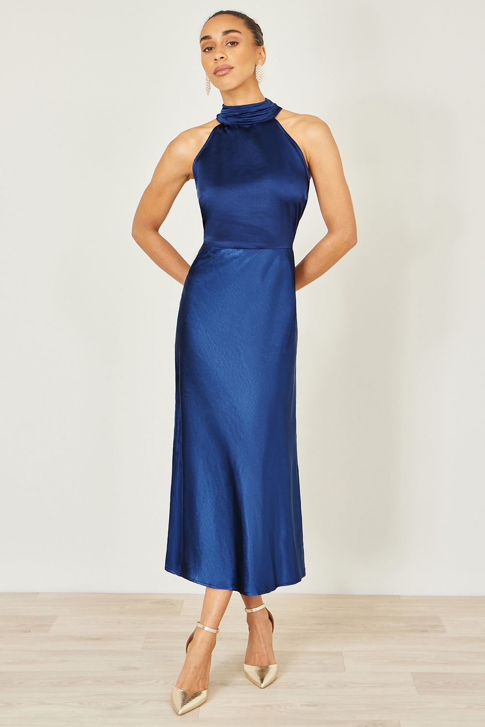 Yumi Yumi Women's Navy Satin Halter Neck Midi Dress - 3