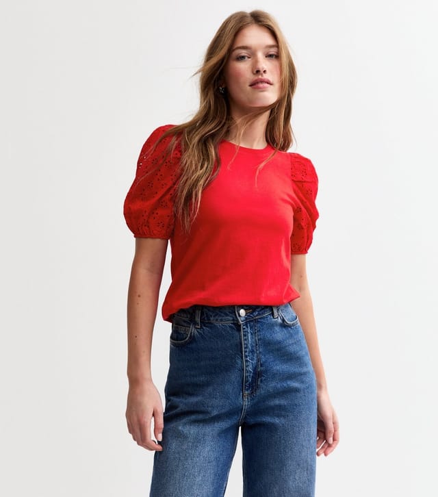 New Look Women's Red Broderie Anglaise Sleeve Jersey Top New Look - 2