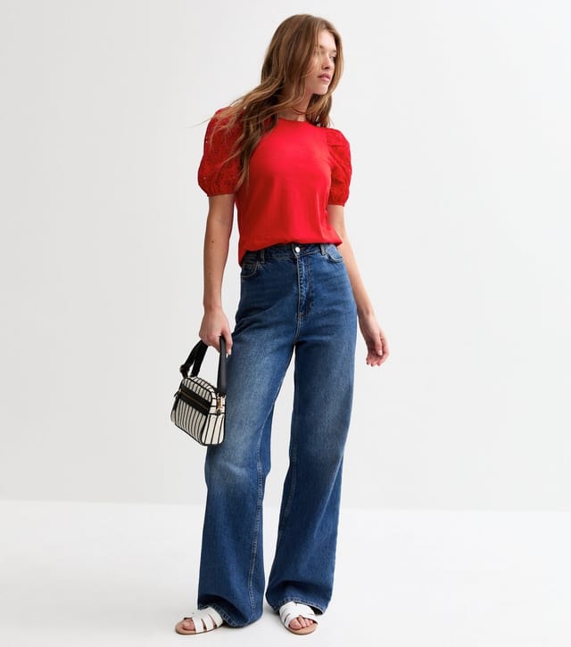 New Look Women's Red Broderie Anglaise Sleeve Jersey Top New Look - 3