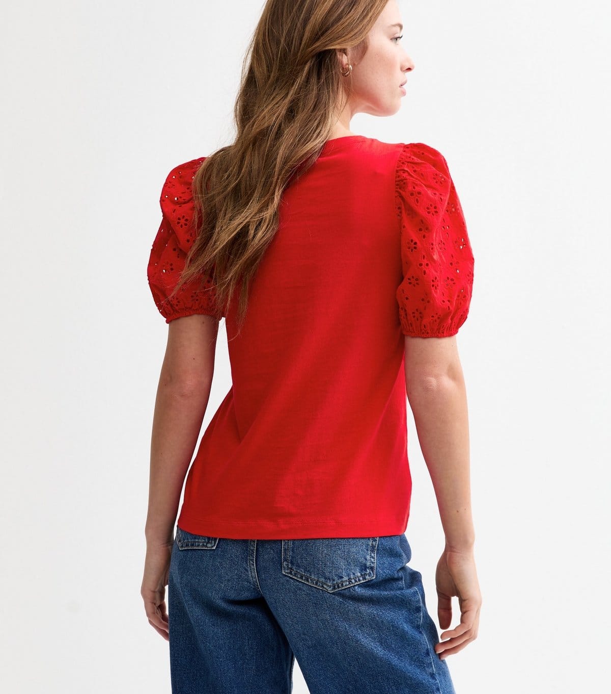 New Look Women's Red Broderie Anglaise Sleeve Jersey Top New Look - 4