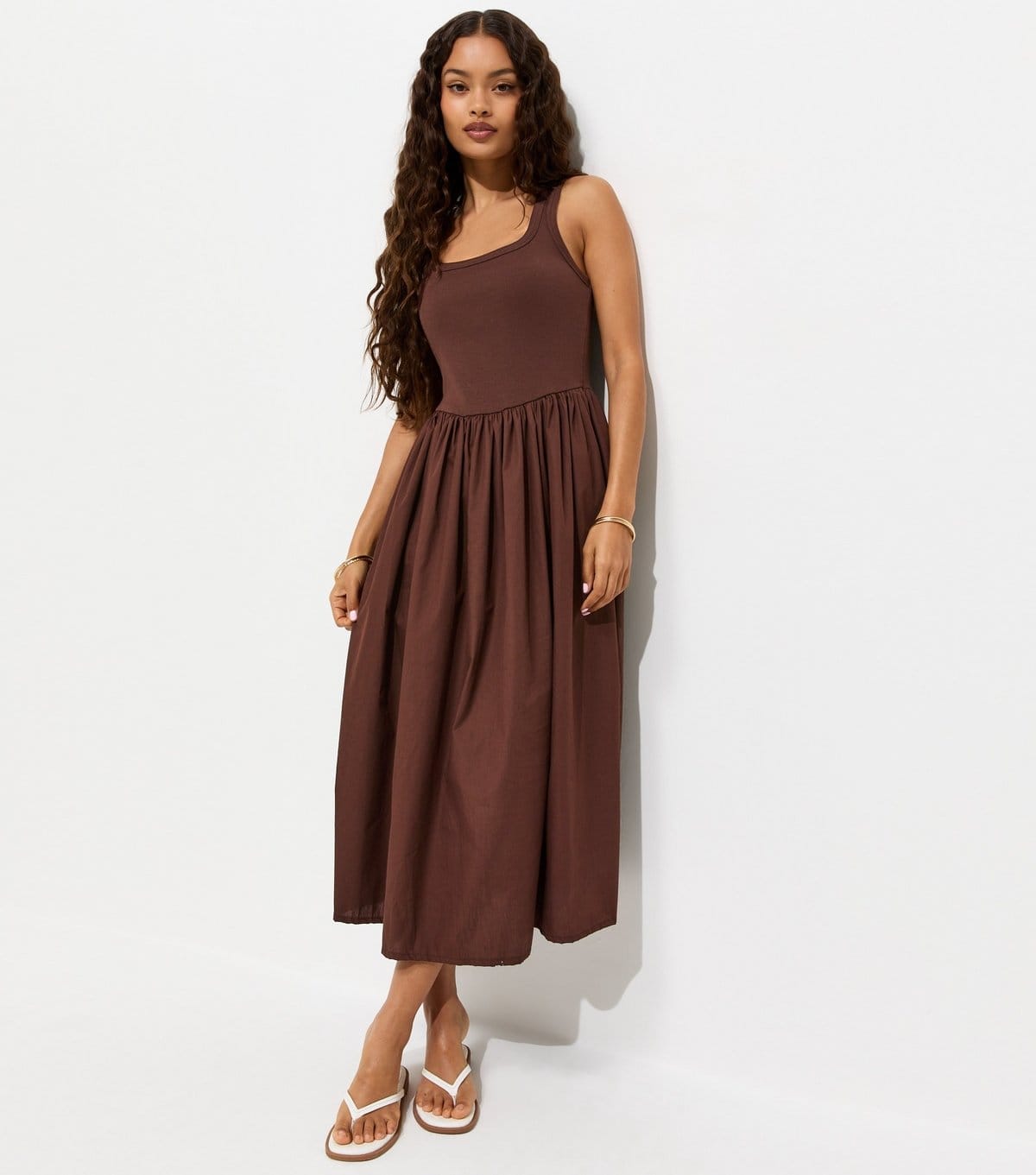 New Look Petite Dark Brown Cotton Midi Dress