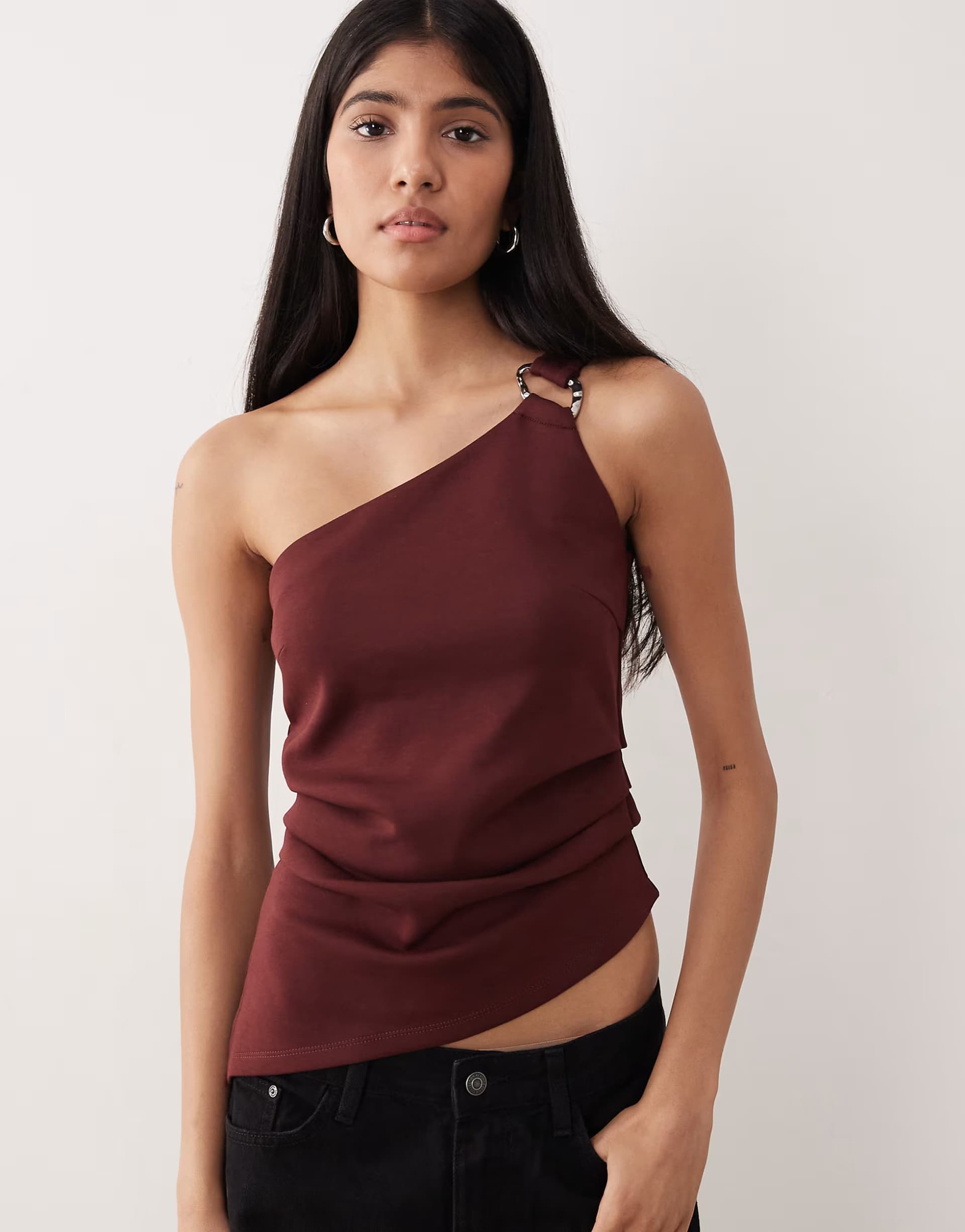 ASOS YAS one shoulder metal detail top in burgundy
