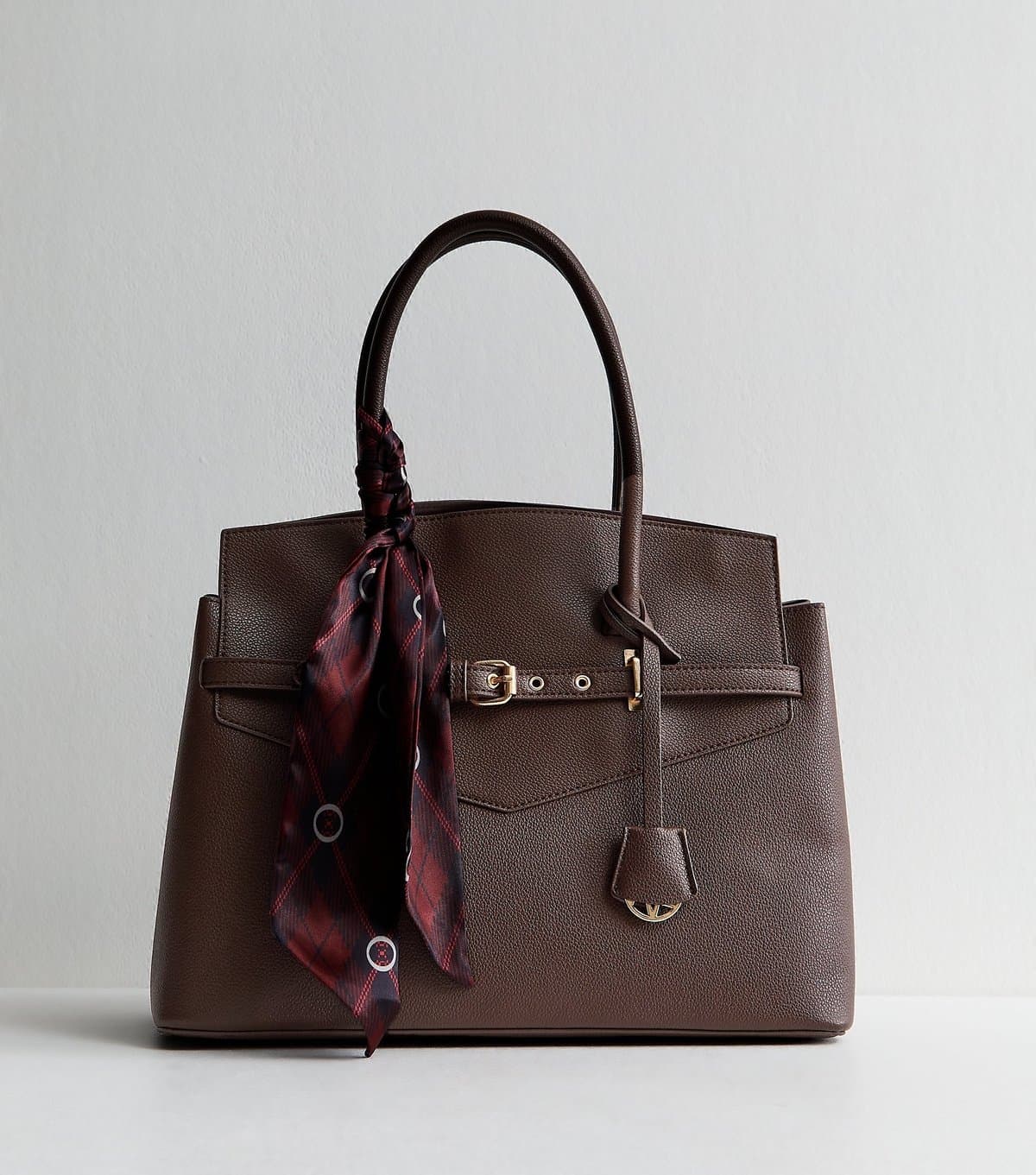 New Look Dark Brown Faux Leather Belted Scarf Tote Bag New Look